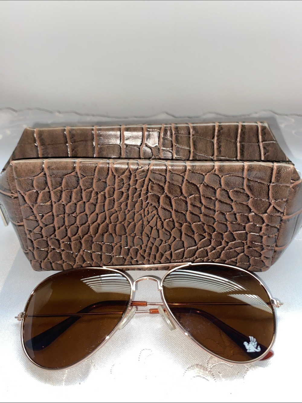 Brown Croc-Embossed Men's Sunglasses Case and Aviator Sunglasses